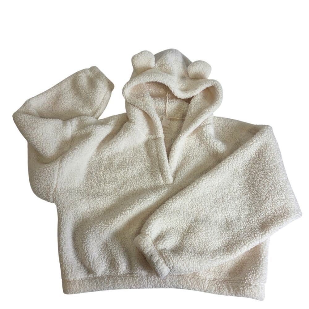 Gilly Hicks Cropped Fleece Sherpa Bear Hoodie Size Large Cream